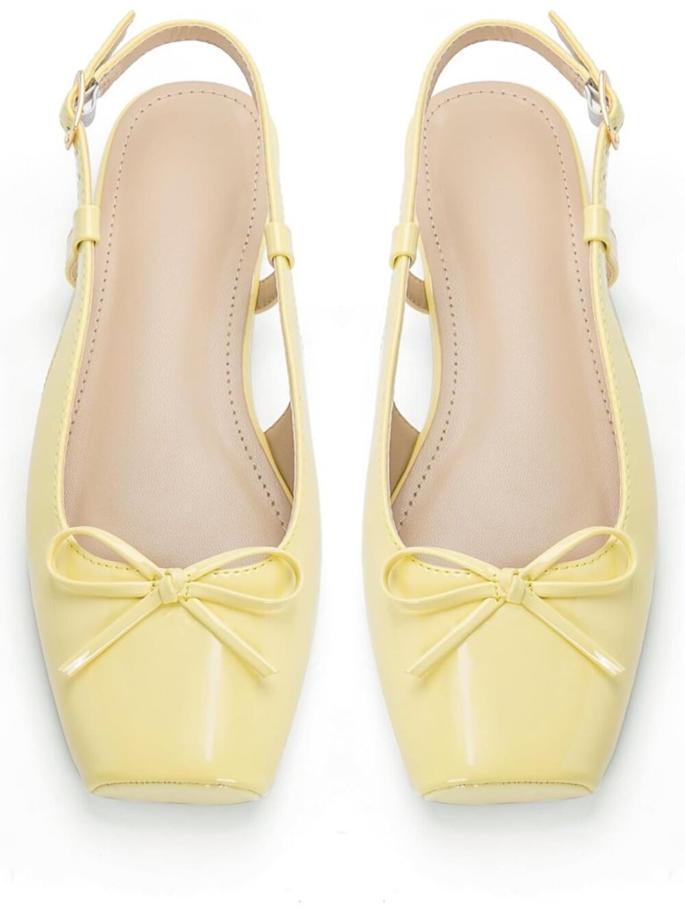 Women ButteryYellow Slingback Square Toe Bow Knit Ankle Buckle Satin Ballet Flat